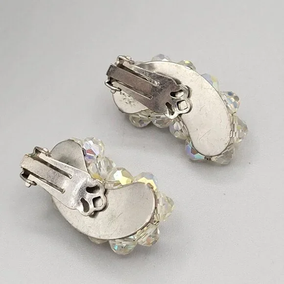 Vintage AB Aurora Borealis Crystal Curved Clip On Earrings 1940s - Picture 5 of 6